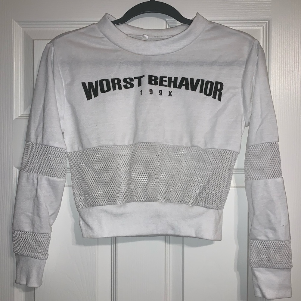 “Worst Behavior”  mesh stripe cropped crewneck